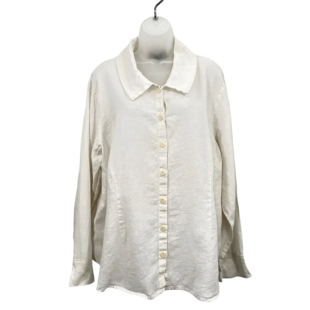 FLAX by Jeanne Engelhart Size 1G 1X White Button Down Shirt Lagenlook Top Linen - Picture 5 of 16